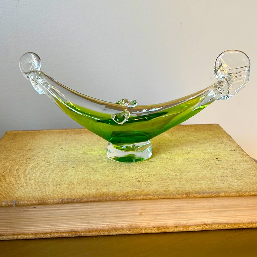 Retro green glass boat ashtray
